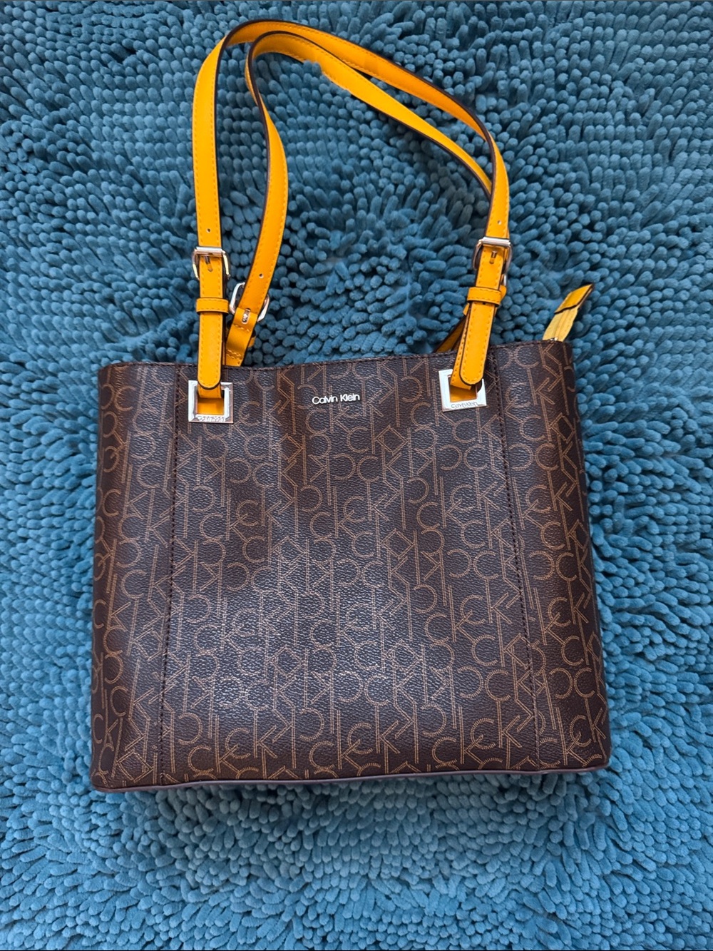 Calvin Klein Brown Monogram Tote with Yellow Straps